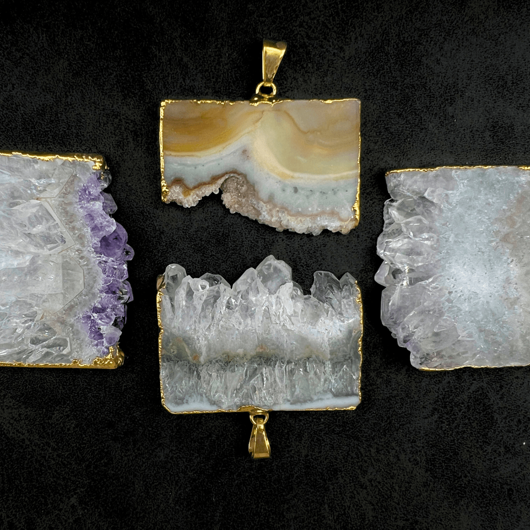 Amethyst Druzy Crystal Rectangle Slice Gold PendantCrystal River Gems