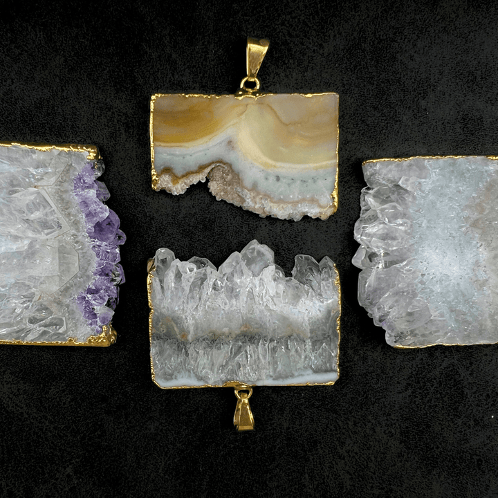 Amethyst Druzy Crystal Rectangle Slice Gold PendantCrystal River Gems