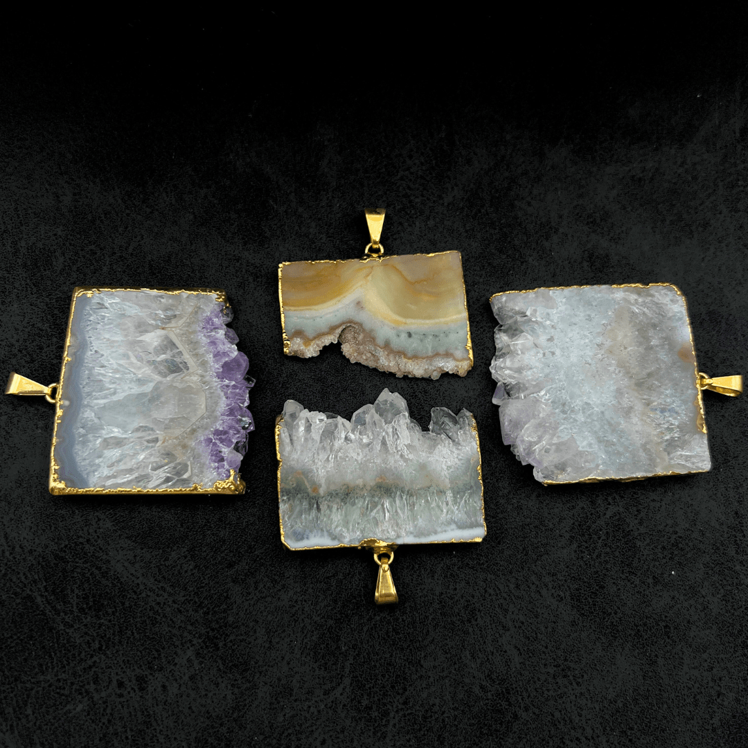 Amethyst Druzy Crystal Rectangle Slice Gold PendantCrystal River Gems