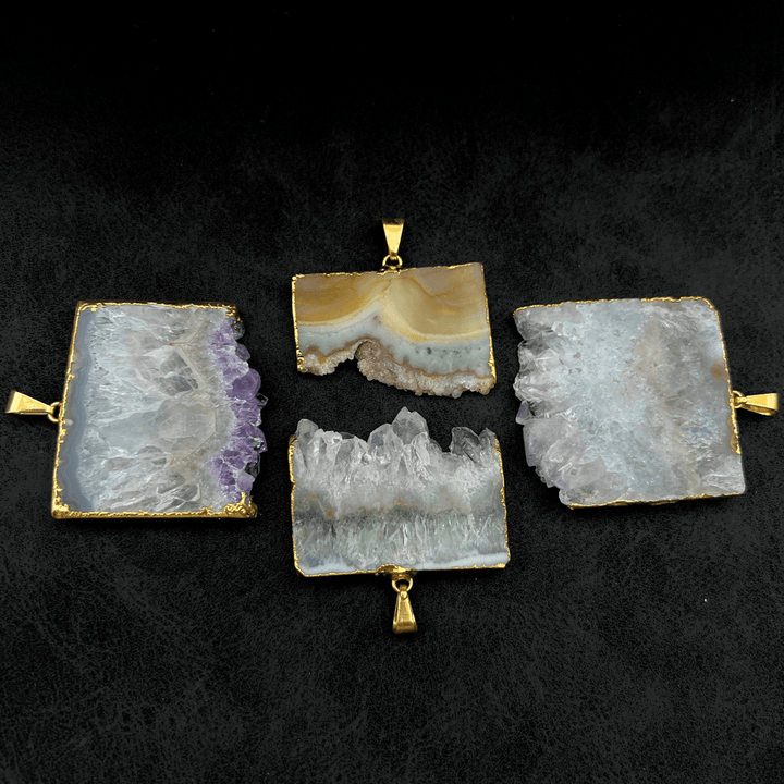 Amethyst Druzy Crystal Rectangle Slice Gold PendantCrystal River Gems