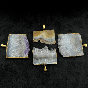 Amethyst Druzy Crystal Rectangle Slice Gold Pendant