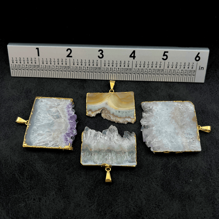 Amethyst Druzy Crystal Rectangle Slice Gold PendantCrystal River Gems