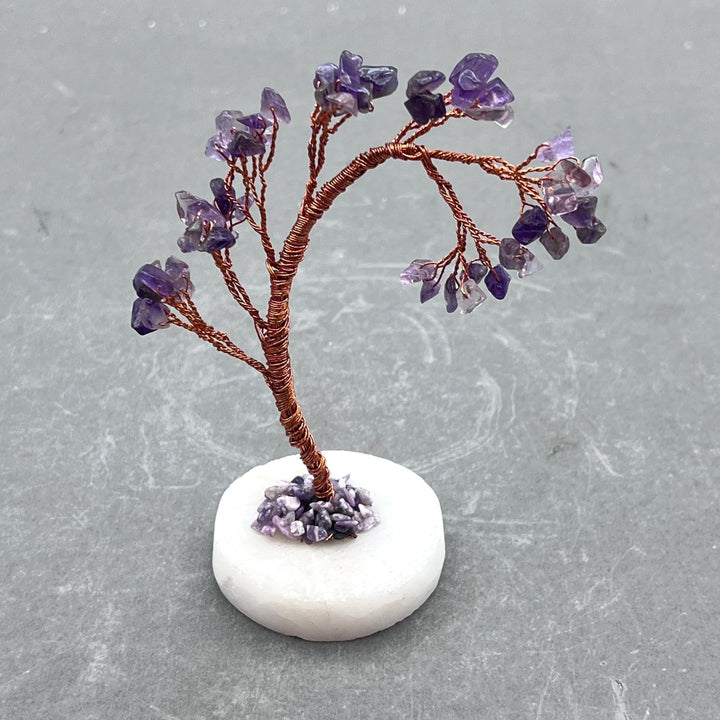 Amethyst Gemstone Chip Windblown Tree with Quartz Base and Copper WireCrystal River Gems