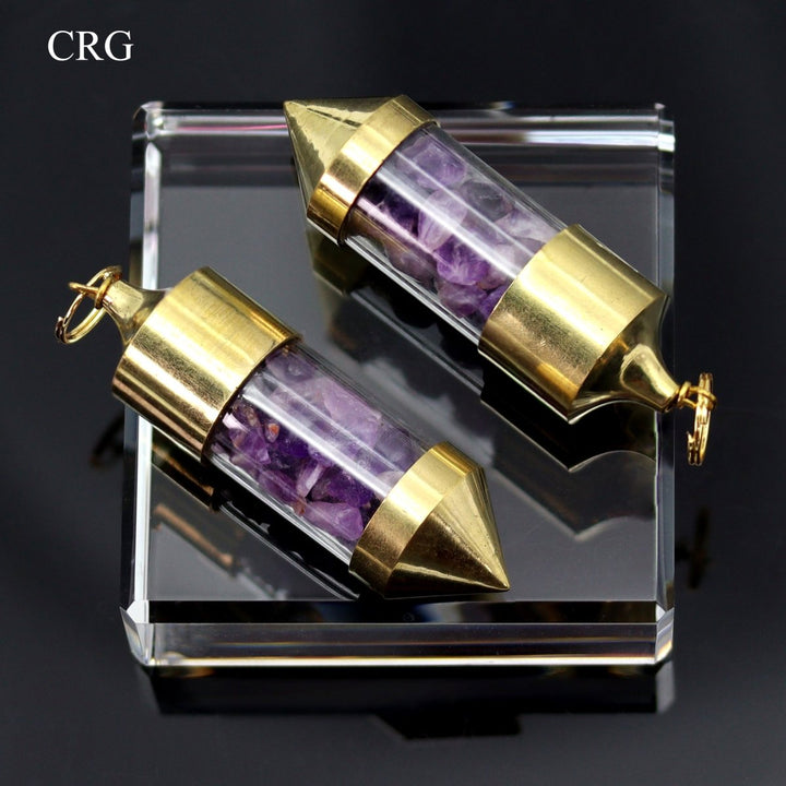 Amethyst Gemstone Chips in Gold - Plated Bottle Pendant (2 Pieces) Size 2.5 Inches Crystal Jewelry CharmCrystal River Gems