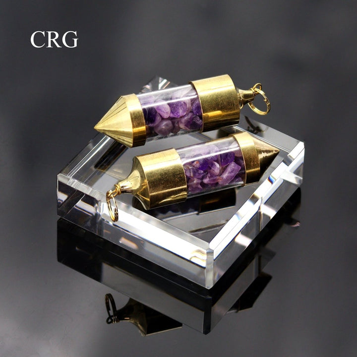 Amethyst Gemstone Chips in Gold - Plated Bottle Pendant (2 Pieces) Size 2.5 Inches Crystal Jewelry CharmCrystal River Gems