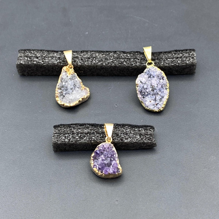 Amethyst Multicolor Druzy Crystal Gold PendantCrystal River Gems