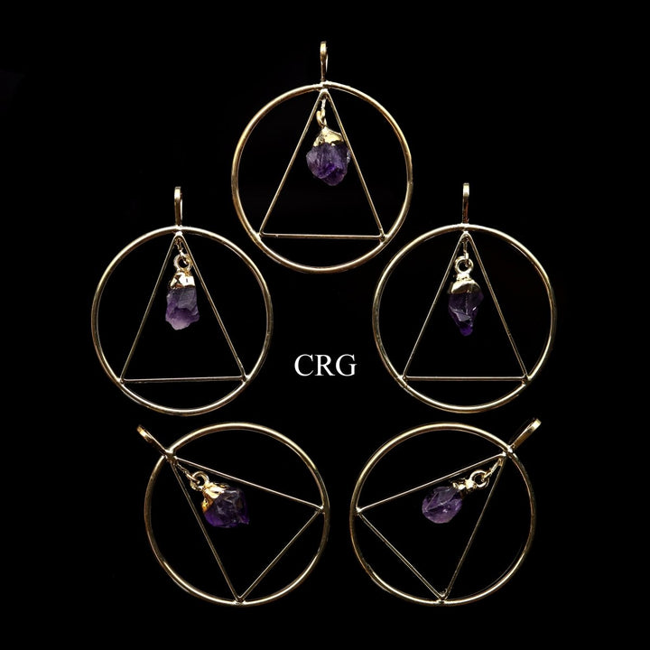 Amethyst Point with Gold - Plated Triangle in Ring Pendant (4 Pieces) Size 1 to 2 Inches Crystal Jewelry CharmCrystal River Gems