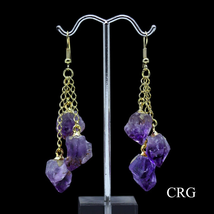 Amethyst Triple Point Earrings with Gold Plated Wire (2 Inches) (1 Pair)Crystal River Gems