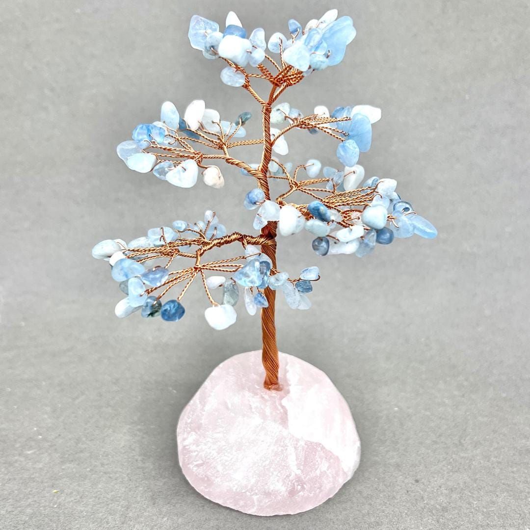 Aquamarine Chip Tree on Rose Quartz Base (1 Piece)Crystal River Gems