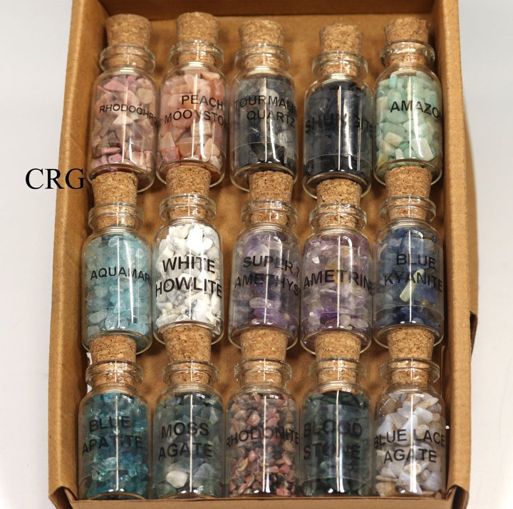 Assorted Gemstone Chip Bottles (75 Pieces)(5 Sets Of 15) Bulk Wholesale Lot Mixed Crystals MineralsCrystal River Gems