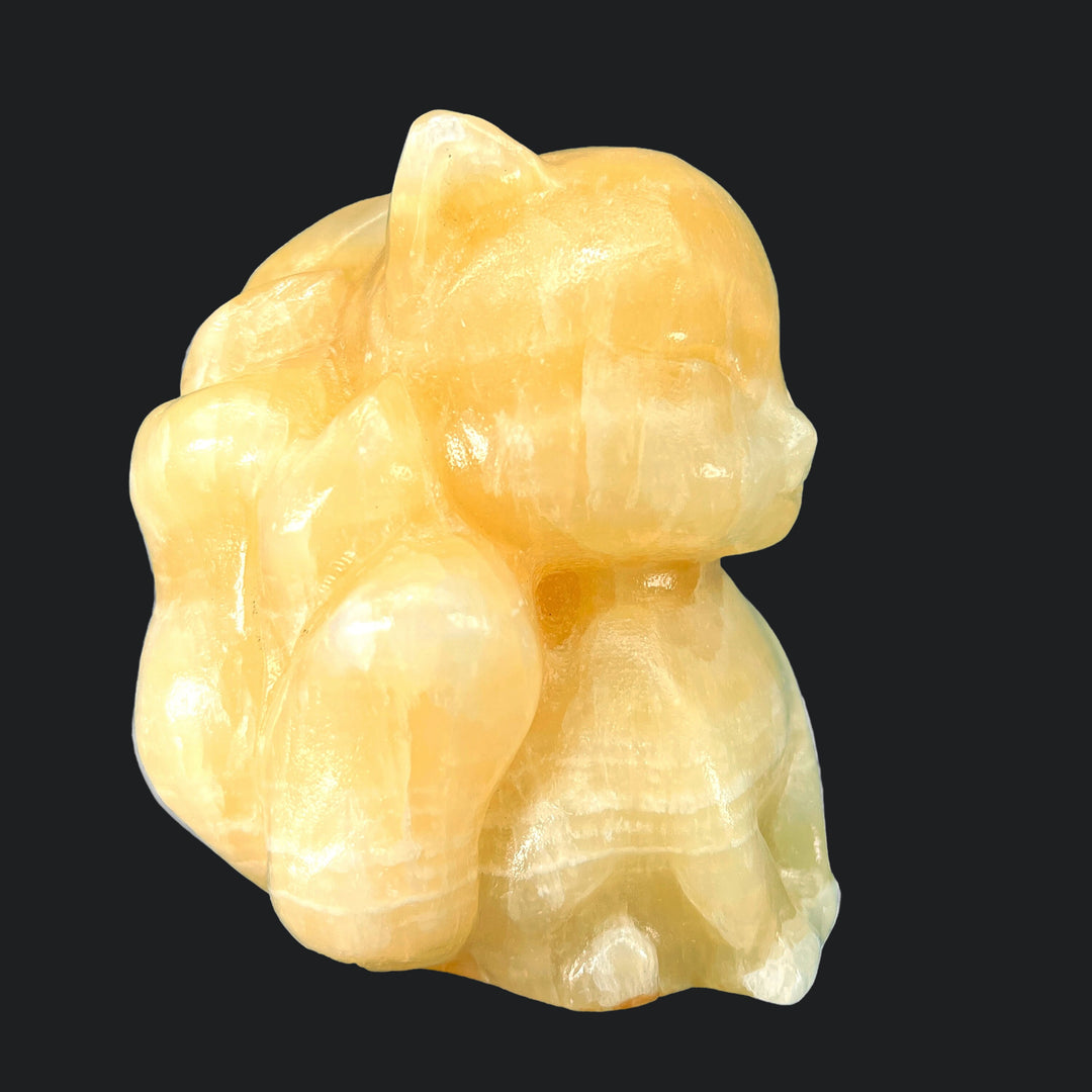 Yellow Calcite Nine Tailed Fox Gemstone (1 Piece) Size 4.5 Inches Crystal Animal Carving