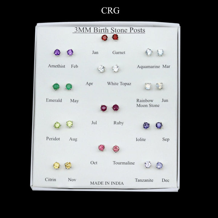 Birthstone Stud Earrings with 925 Sterling Silver (3mm) (12 Pairs)Crystal River Gems