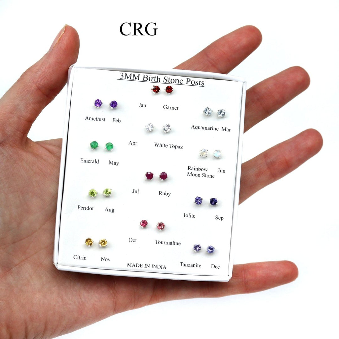 Birthstone Stud Earrings with 925 Sterling Silver (3mm) (12 Pairs)Crystal River Gems