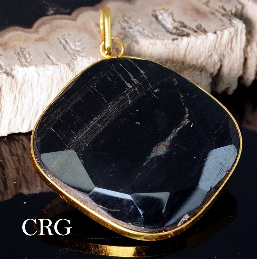 Black Agate Faceted Square Pendant with Gold Plating (1 Piece) Size 1.5 Inches Crystal Jewelry Charm