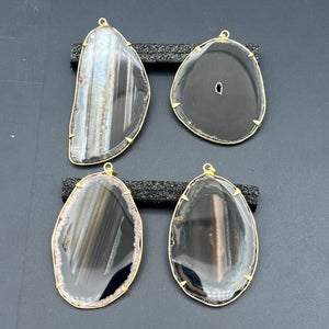 Black Agate Slice Gold Plated Prong Pendant