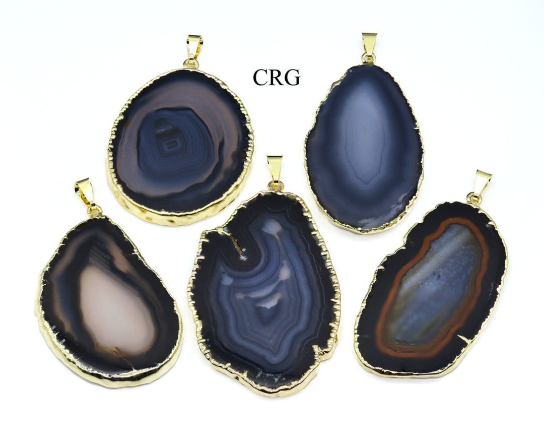 Black Agate Slice Pendant with Gold Plating (4 Pieces) Size 1 to 2 Inches Crystal Jewelry Charm