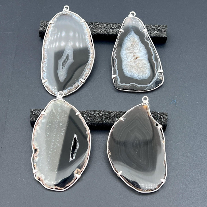 Black Agate Slice Silver Plated Prong PendantCrystal River Gems