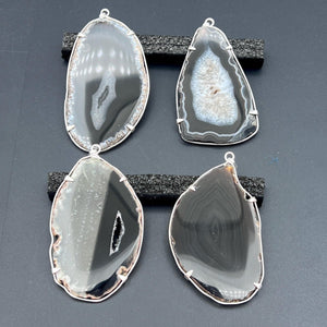Black Agate Slice Silver Plated Prong Pendant