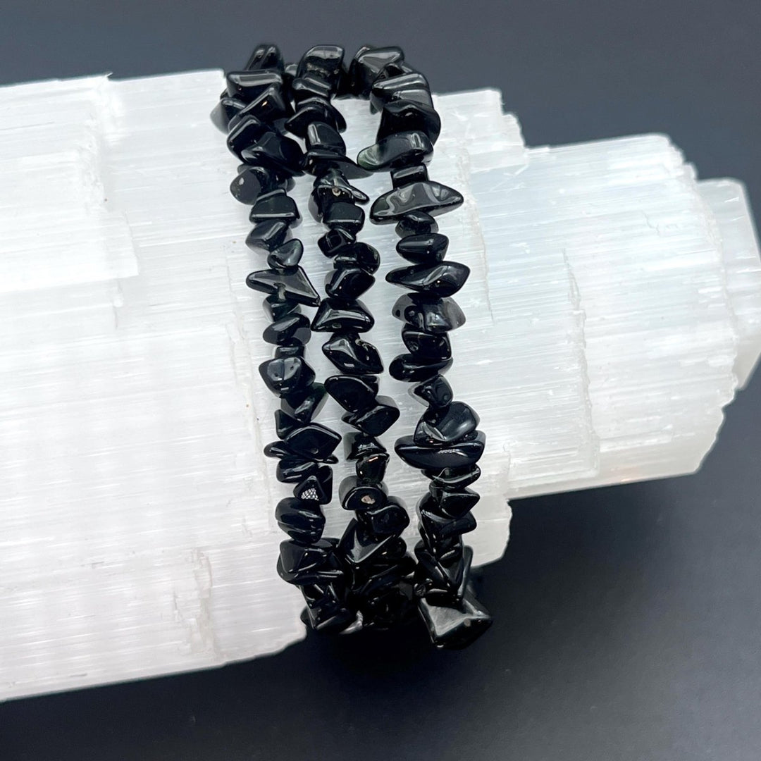 Black Obsidian Chip Bead Elastic Stretch BraceletCrystal River Gems