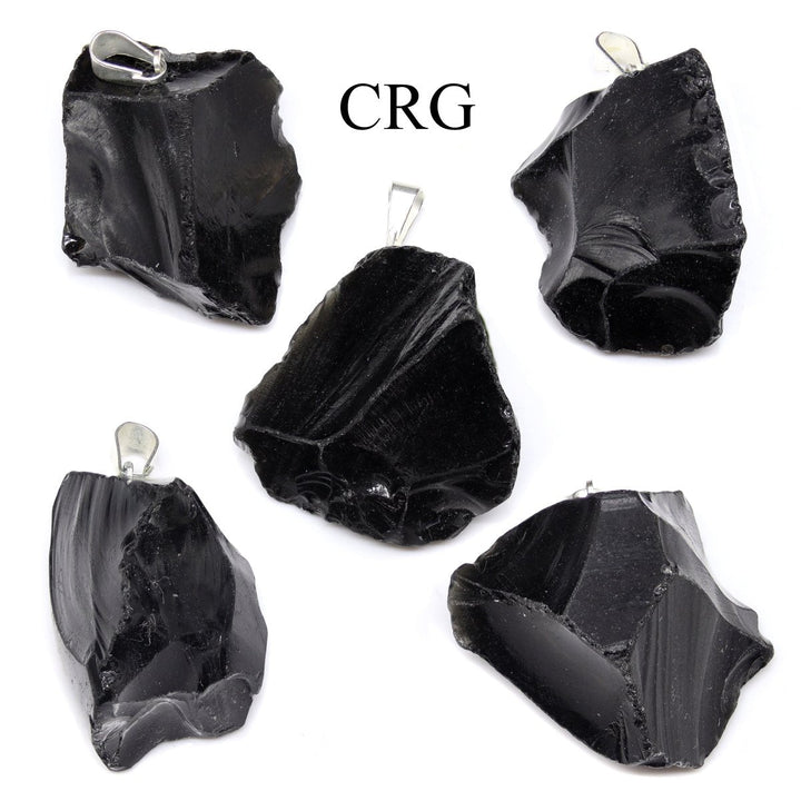 Black Obsidian Rough Rock Pendant with Silver Bail (5 Pieces) Size 18 to 22 mm Crystal Jewelry CharmCrystal River Gems