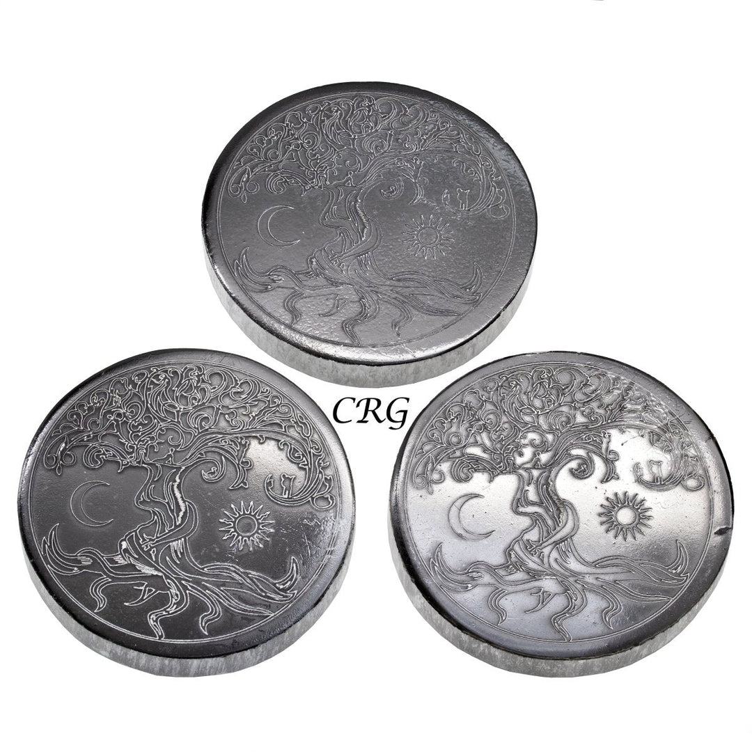 Black Selenite Engraved Tree of Life Plate 4 inches (1 Piece)Crystal River Gems