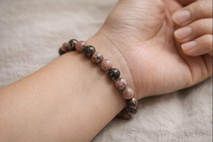 Black Stripe Rhodonite Tumbled Bead Stretch Bracelet (8mm)Crystal River Gems