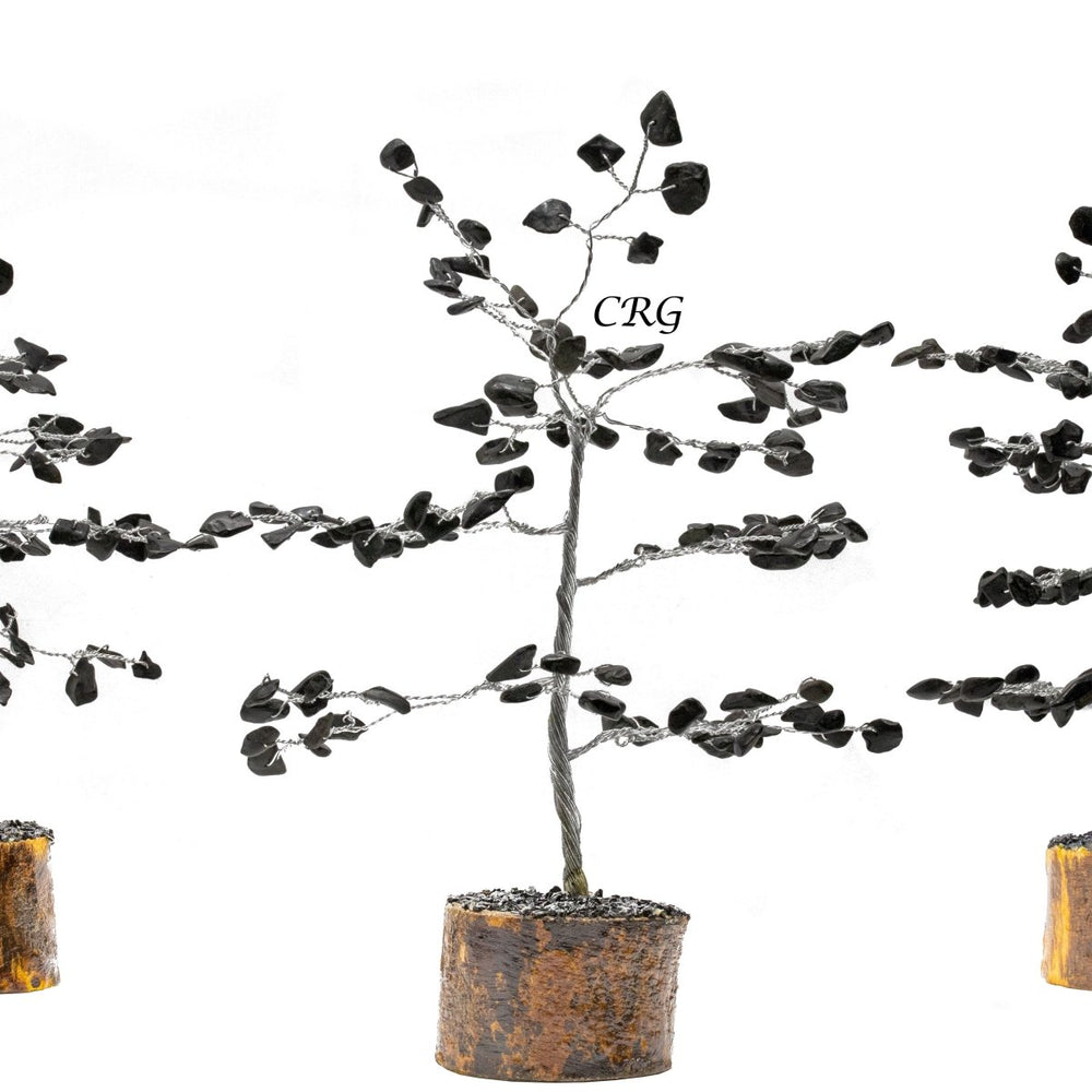 Black Tourmaline 100 Chip Tree with Cluster Base and Silver Wire (4 Pieces) Size 6 Inches Gemstone Tree