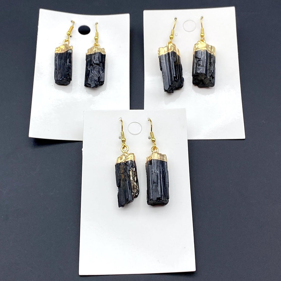 Black Tourmaline Raw Crystal Gold Plated EarringsCrystal River Gems