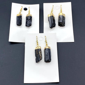 Black Tourmaline Raw Crystal Gold Plated Earrings