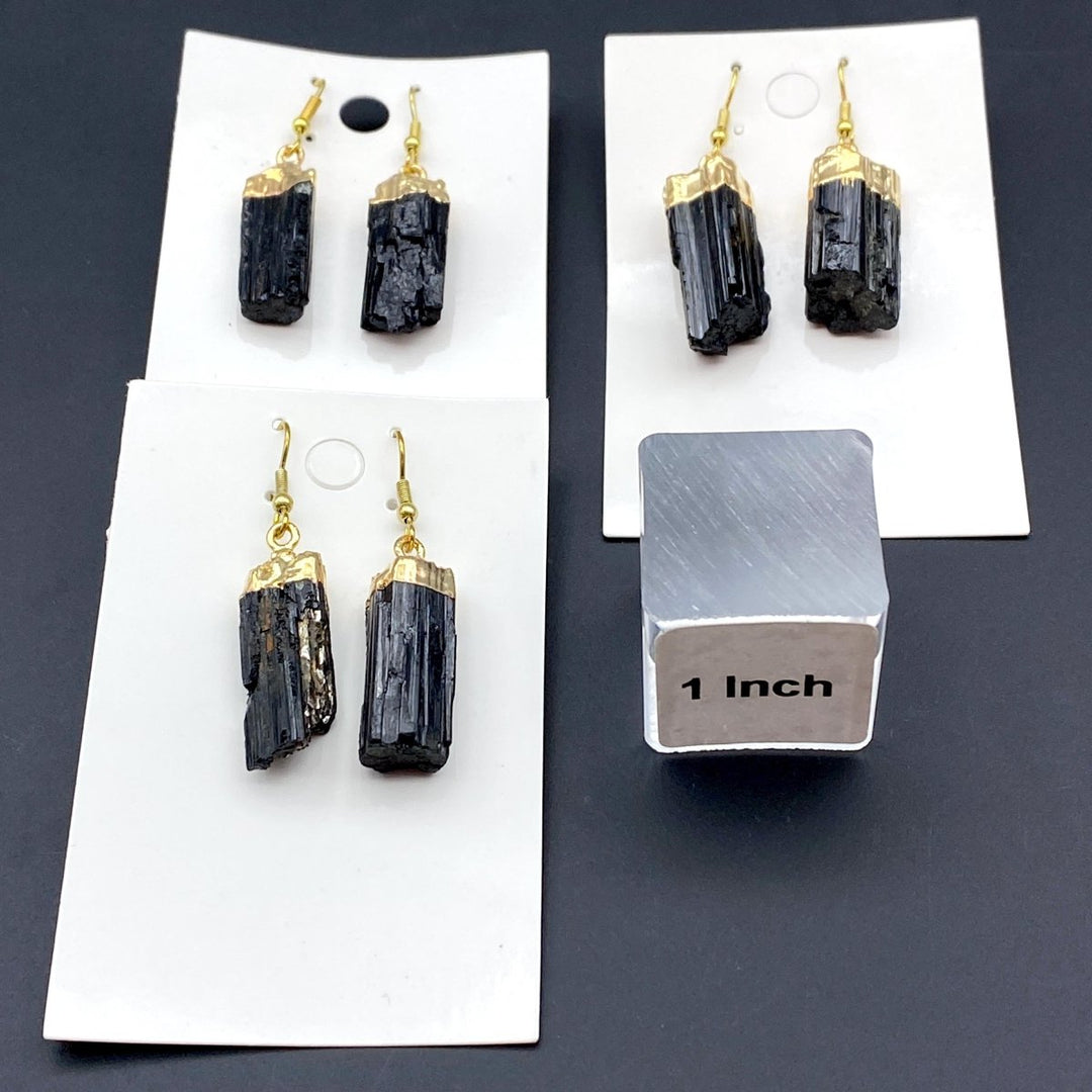 Black Tourmaline Raw Crystal Gold Plated EarringsCrystal River Gems