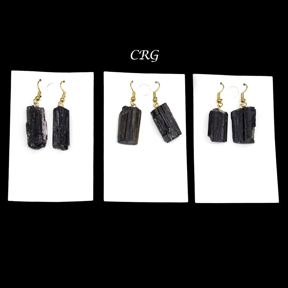 Black Tourmaline Raw Earrings with Gold Plated Wire (0.5 To 1 Inch) (1 Pair)Crystal River Gems
