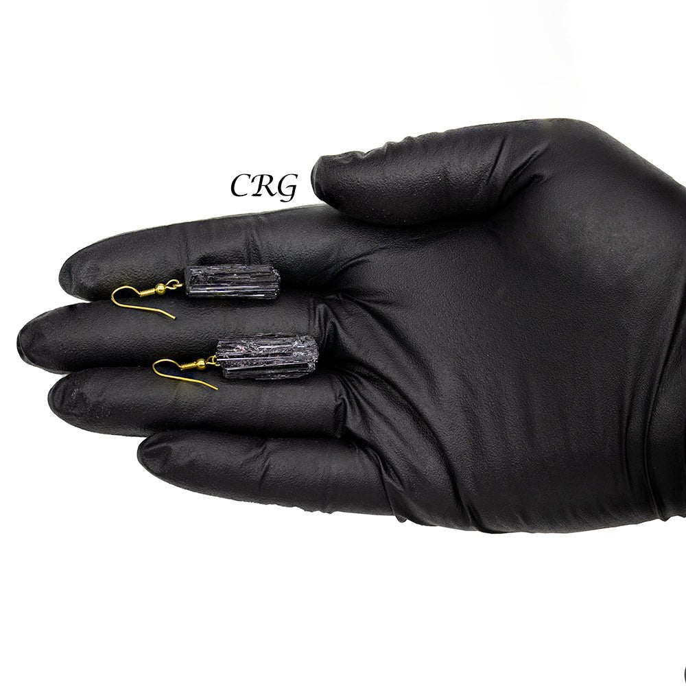 Black Tourmaline Raw Earrings with Gold Plated Wire (0.5 To 1 Inch) (1 Pair)Crystal River Gems