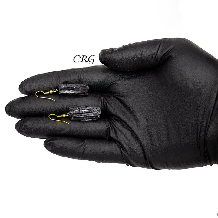 Black Tourmaline Raw Earrings with Gold Plated Wire (0.5 To 1 Inch) (1 Pair)Crystal River Gems