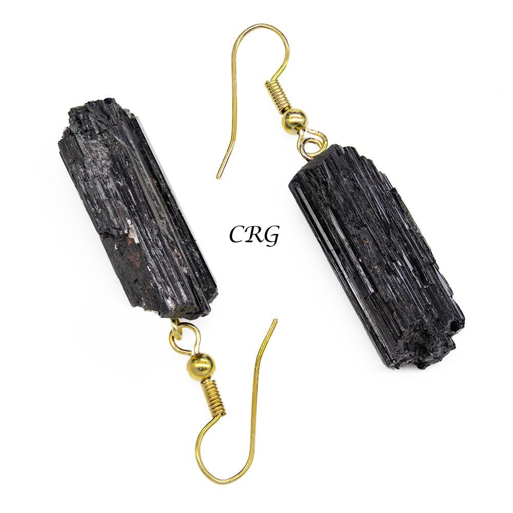 Black Tourmaline Raw Earrings with Gold Plated Wire (0.5 To 1 Inch) (1 Pair)Crystal River Gems