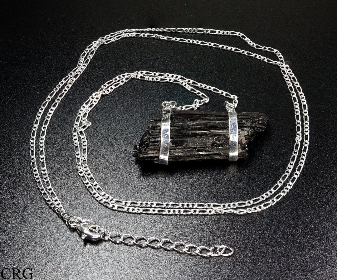 Black Tourmaline Raw Pendant with Double Attachment Silver-Plated Necklace (1 Piece) Size 32 Inches Crystal Jewelry