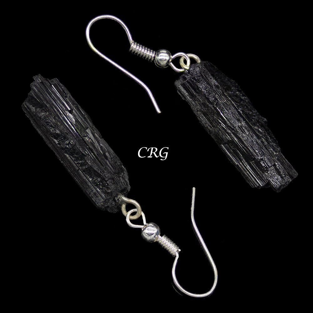 Black Tourmaline Rough Earrings with Silver-Plated Ear Wire (2 Pieces) Size 1 to 2 Inches Crystal Jewelry