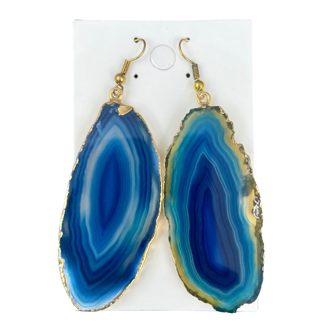 Blue Agate Slice Earrings with Gold Plating (1 Pair) Wholesale Crystal Gemstone JewelryCrystal River Gems