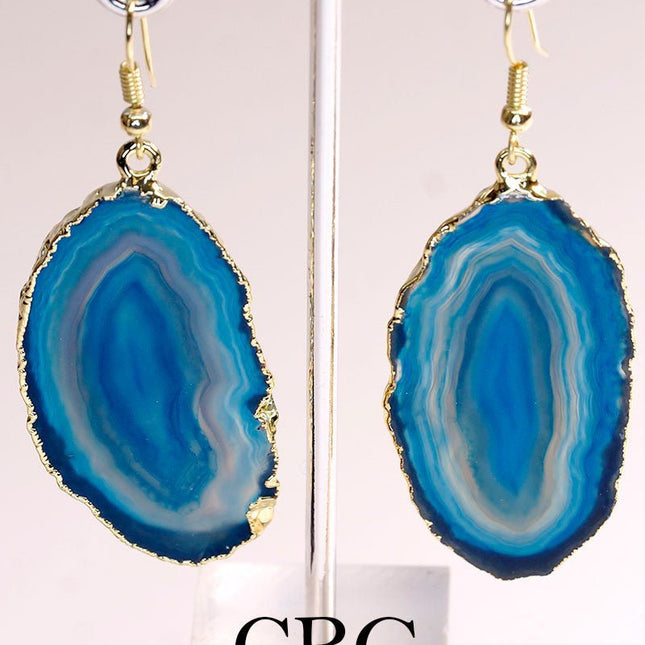 Blue Agate Slice Earrings with Gold Plating (2 Pieces) Size 1 to 2 Inches Crystal Jewelry