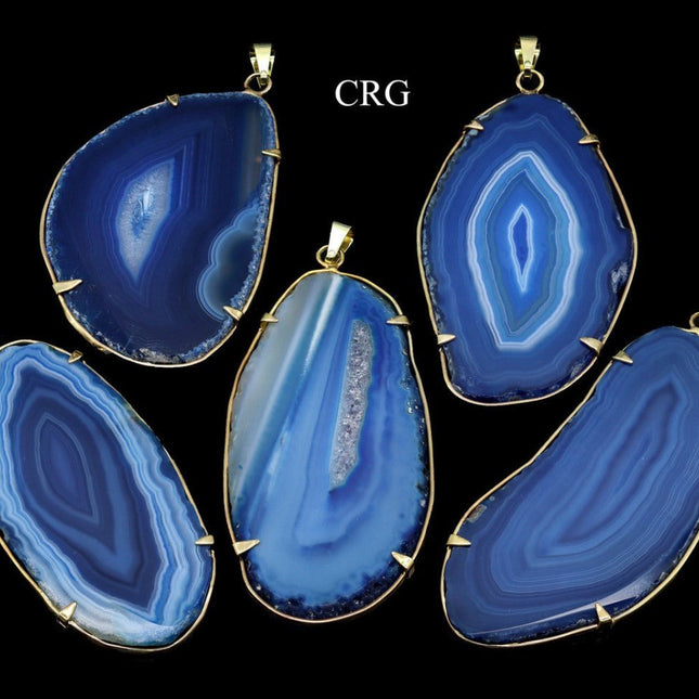 Blue Agate Slice Pendant with Gold-Plated Prong Setting (4 Pieces) Size 1.5 to 2.5 Inches Crystal Jewelry Charm