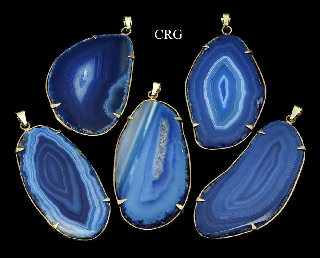 Blue Agate Slice Pendant with Gold-Plated Prong Setting (4 Pieces) Size 1.5 to 2.5 Inches Crystal Jewelry Charm