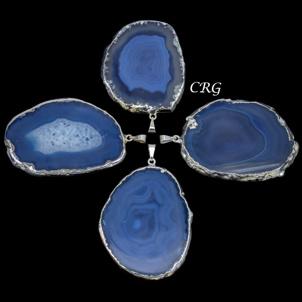 Blue Agate Slice Pendant with Silver Plating (4 Pieces) Size 2.5 to 3 Inches Crystal Jewelry