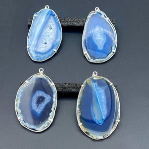 Blue Agate Slice Silver Plated Prong Pendant