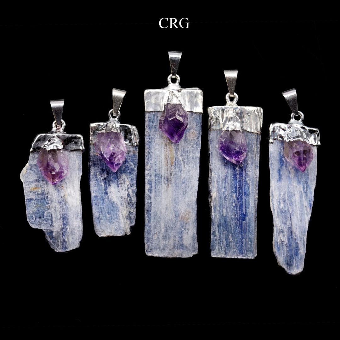 Blue Kyanite Blade Pendant with Amethyst and Silver Plating (4 Pieces) Size 2.5 to 3.5 Inches Crystal Jewelry Charm