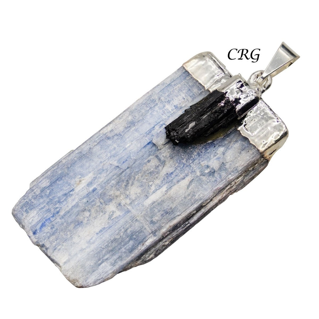 Blue Kyanite Blade Pendant with Black Tourmaline Point and Silver Plating (4 Pieces) Size 1 to 2 Inches Crystal Jewelry Charm