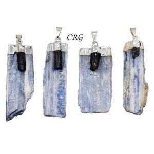 Blue Kyanite Blade Pendant with Black Tourmaline Point and Silver Plating (4 Pieces) Size 1 to 2 Inches Crystal Jewelry Charm