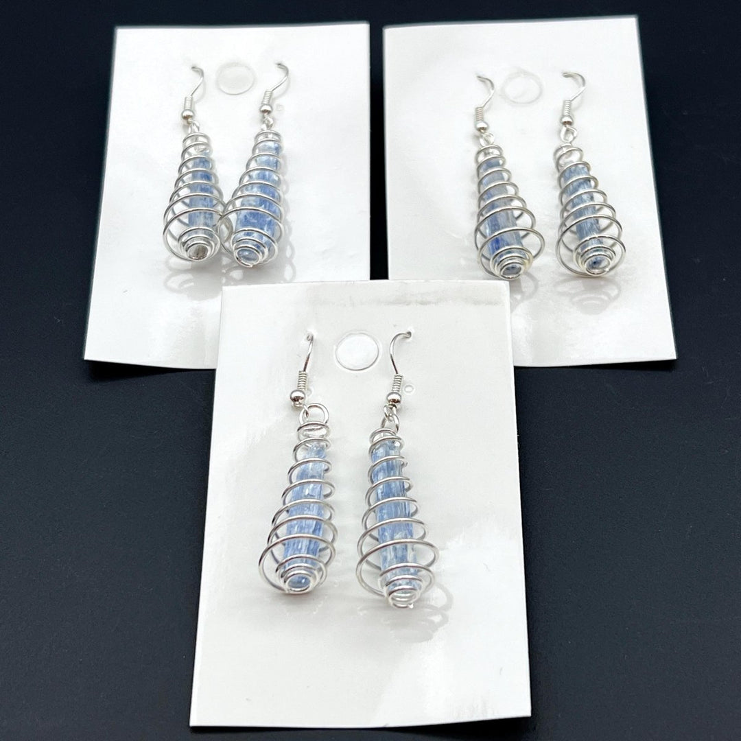 Blue Kyanite Raw Crystal Silver Spiral Cage EarringsCrystal River Gems