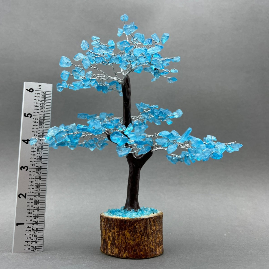 Blue Topaz 300 Chip Tree with Wood Base and Silver Wire (1 Piece) Size 9 Inches Crystal Gemstone TreeCrystal River Gems