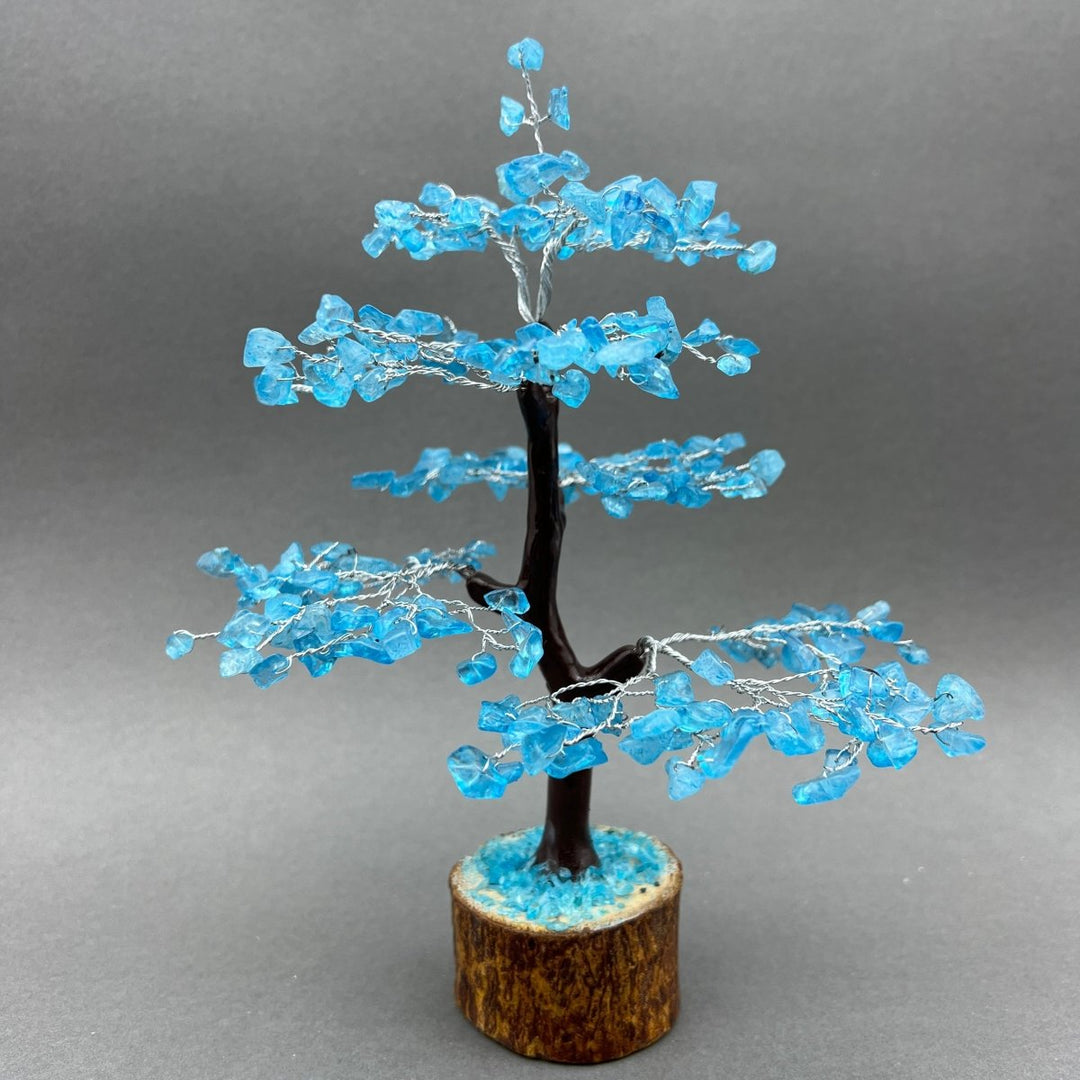 Blue Topaz 300 Chip Tree with Wood Base and Silver Wire (1 Piece) Size 9 Inches Crystal Gemstone TreeCrystal River Gems