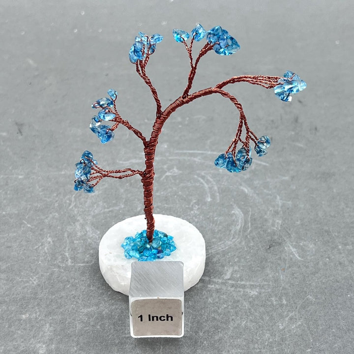 Blue Topaz Gemstone Chip Windblown Tree with Quartz Base and Copper WireCrystal River Gems