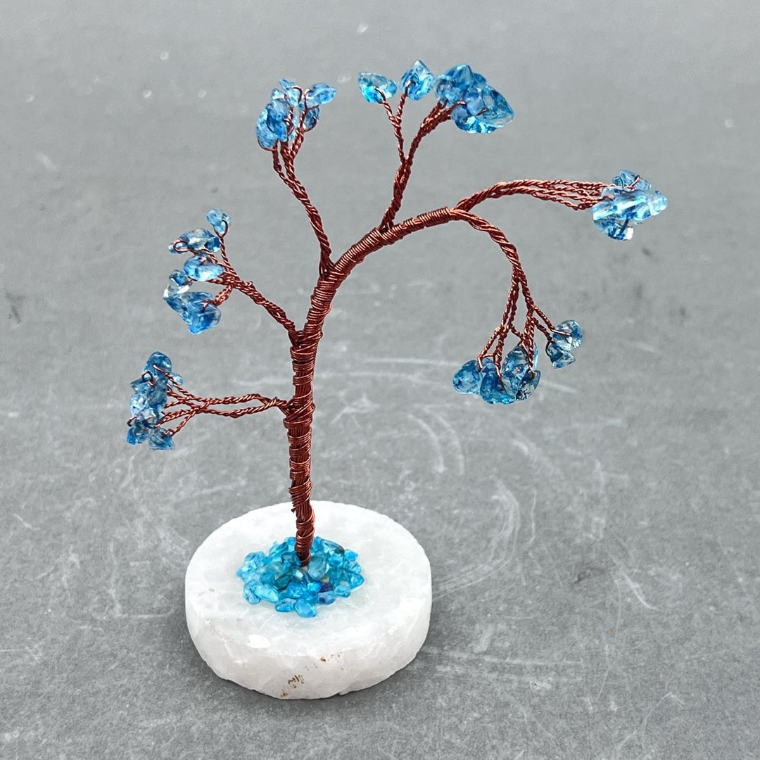 Blue Topaz Gemstone Chip Windblown Tree with Quartz Base and Copper WireCrystal River Gems